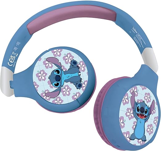 LEXIBOOK - Disney Stitch - 2-in-1 Bluetooth & Wired Headphones with microphone and control button, Foldable and Ajustable, Long lasting rechargeable battery, HPBT010D