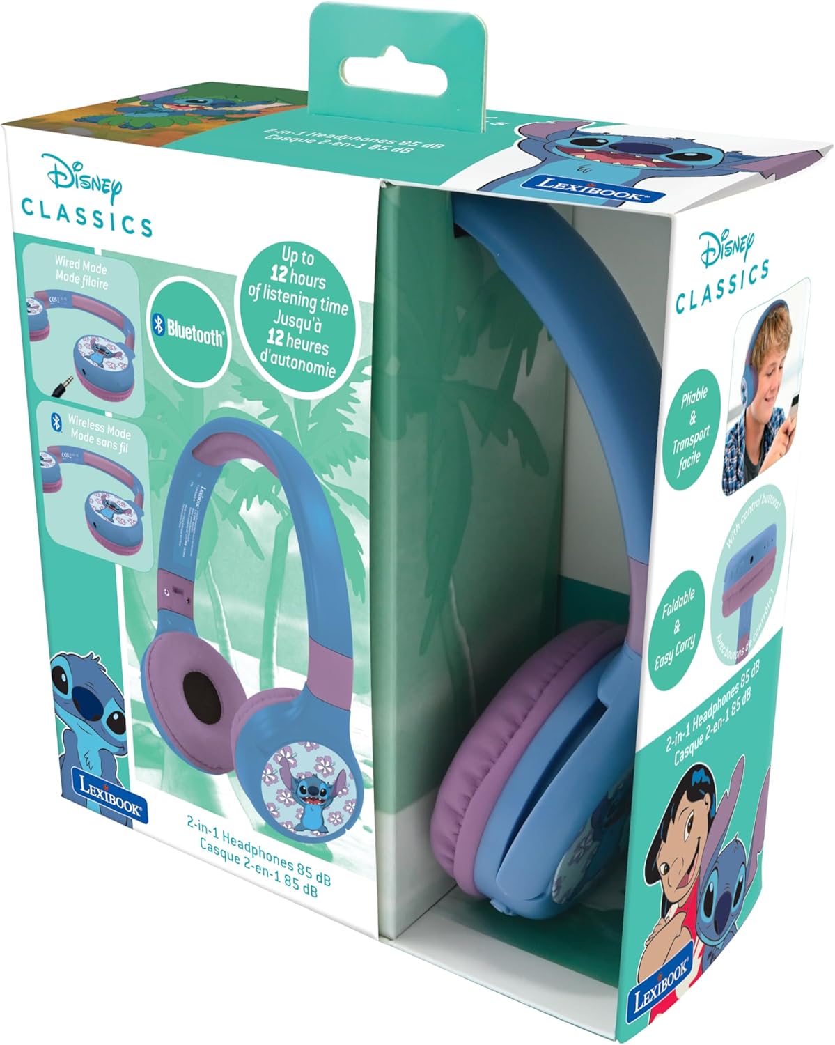LEXIBOOK - Disney Stitch - 2-in-1 Bluetooth & Wired Headphones with microphone and control button, Foldable and Ajustable, Long lasting rechargeable battery, HPBT010D