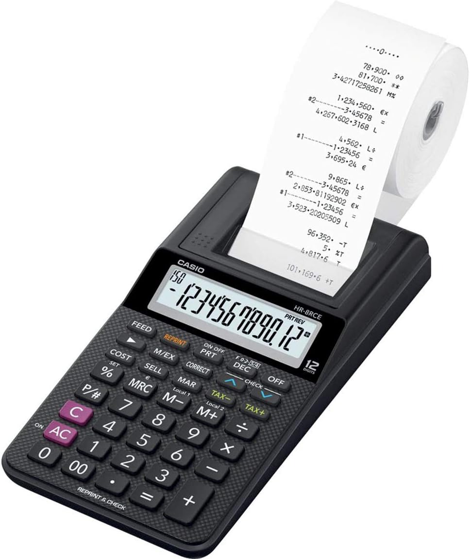 Casio HR-8RCE 12-Digit Mini Printing Calculator – Compact & Battery-Powered