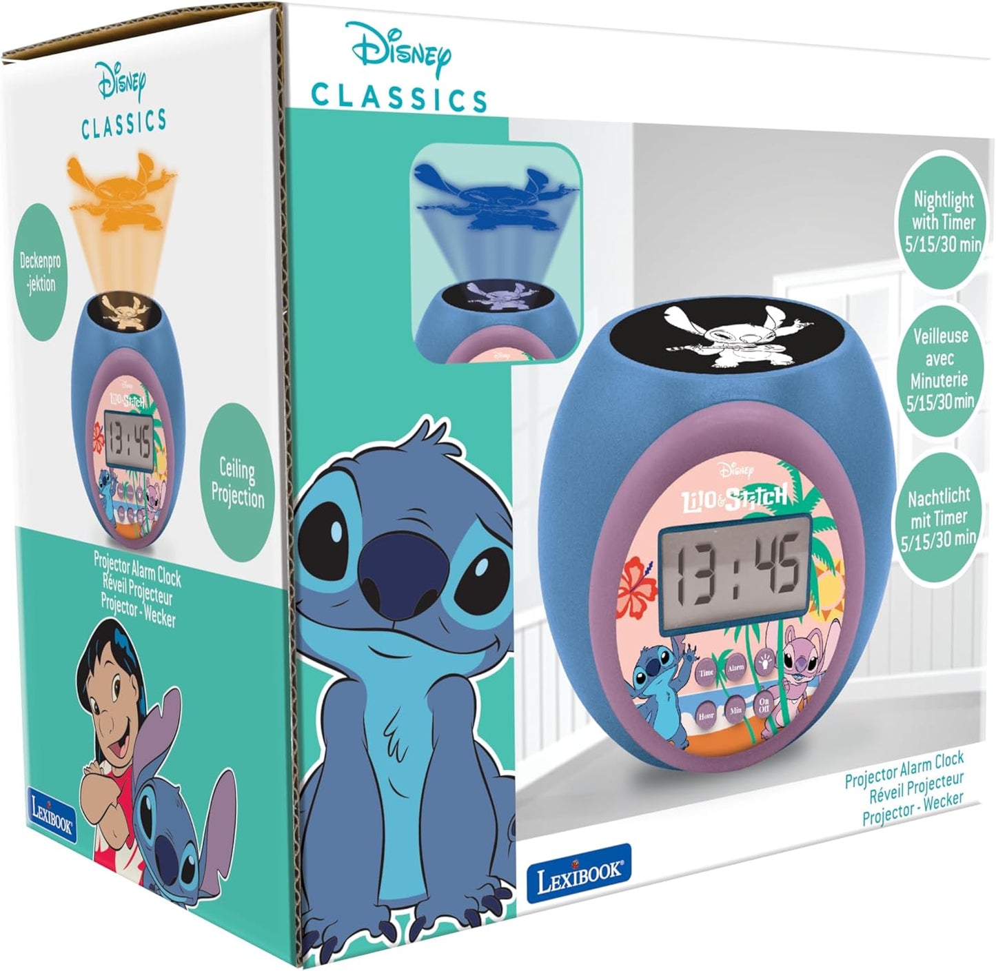 Lexibook Disney Stitch Projector Clock – Night Light & Alarm Function