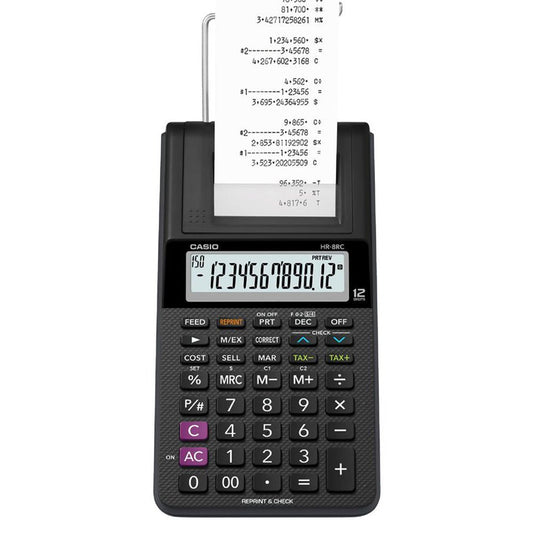 Casio HR-8RCE 12-Digit Mini Printing Calculator – Compact & Battery-Powered